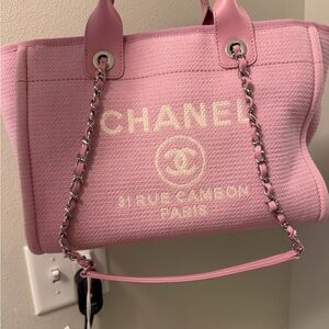 CHANEL Light Pink Canvas Logo Tote with Chain-Strap